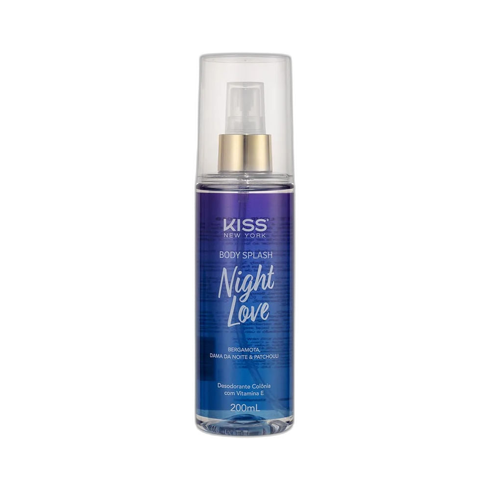 Frasco de Body Splash Kiss New York Night Love 200ml com líquido azul escuro e borrifador dourado